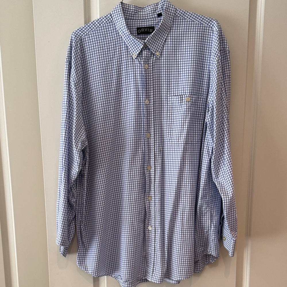 Orvis Men's White and Blue Plaid Shirt